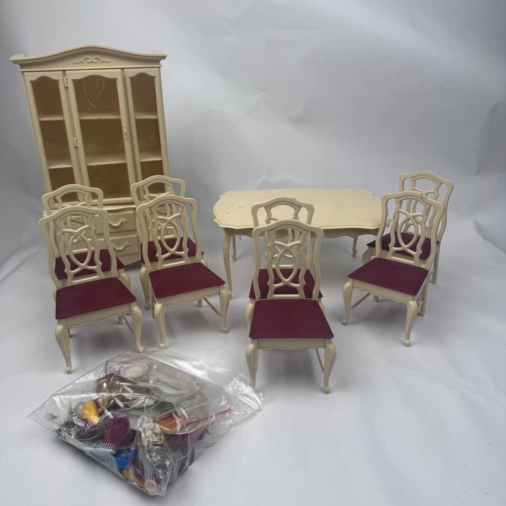 Vintage 1970s Sindy Doll Dining Room Table Chairs China Cabinet Dishes